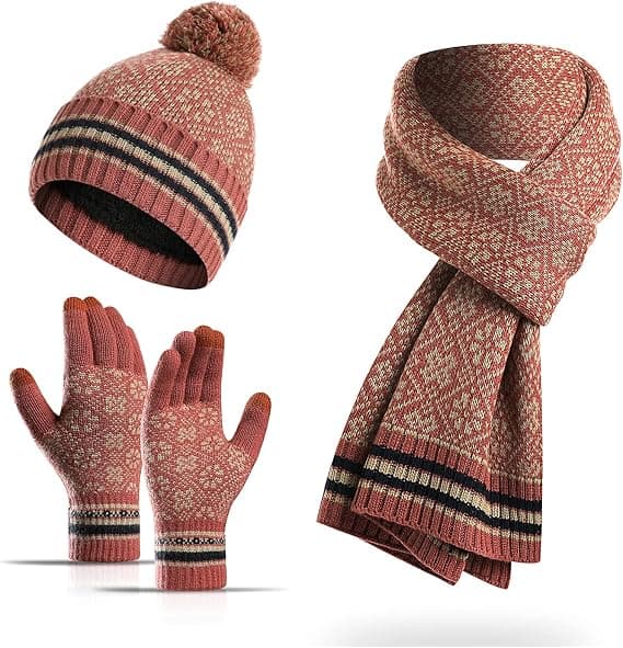 Touchscreen Handsker Sæt med Snefnug Print Beanie og Halsklæde