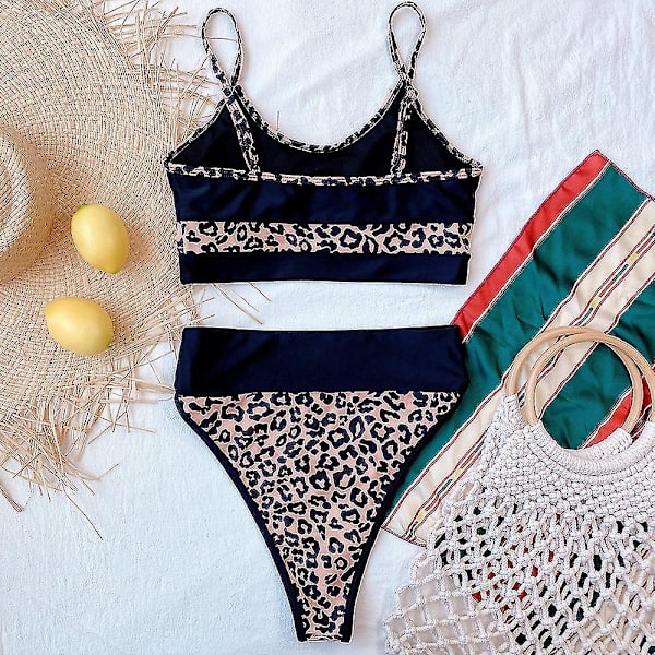 Naisten uimapuku korkeavyötäröinen bikinit Sarja Patchwork Kesärantauimapuku Uimapuku Leopard M
