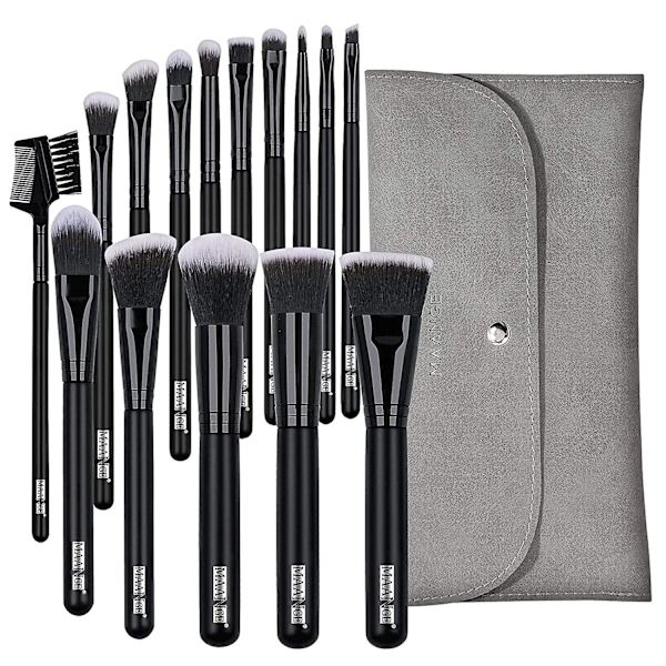 Makeup-børster 15 stk. Makeup-børste sæt Premium syntetisk foundationpudder concealere øjenskygger blush sort børste sæt med grå taske