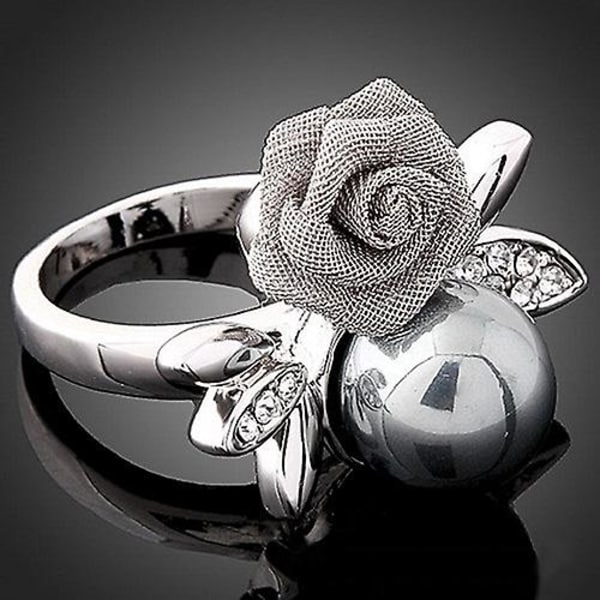 Dammode Ros Faux Pärla Klar Kristall 9k Guldpläterad Ring Fest Smycken Silver US 7