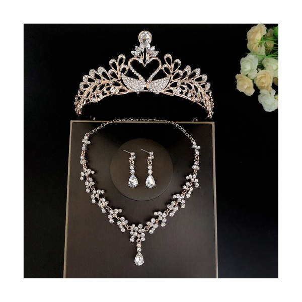 Bryllup brude tiaraer kronesett med øredobber sett og halslakk Håndlaget luksus krystall hårtilbehør Gold 2