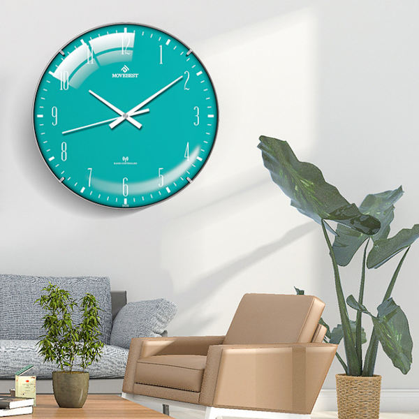 12 tuuman olohuoneen seinäkello yksinkertainen kotitalousplastinen kello mykistetty kvartsikello, vihreä kellotaulu ja valkoinen kehys, 30*5*30cm,