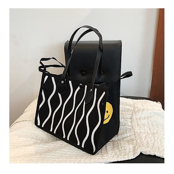 Dame Canvas Taske Stor Håndtaske Tote Taske Ferie Strandtaske Indkøbstaske Stor Kapacitet Skuldertaske Spandtaske Til Skole Arbejde Rejse Lynlås Lukning Black