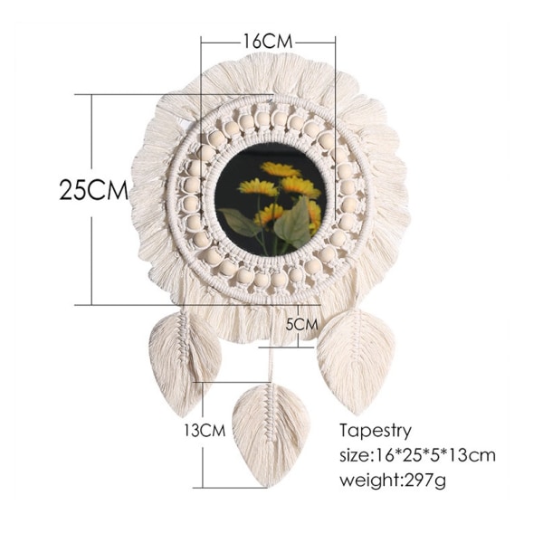 Innendørs veggdekor speildekorasjon Bohemisk stil Håndlaget vevd bomullsgarnspeilveggteppe (bladmønster)