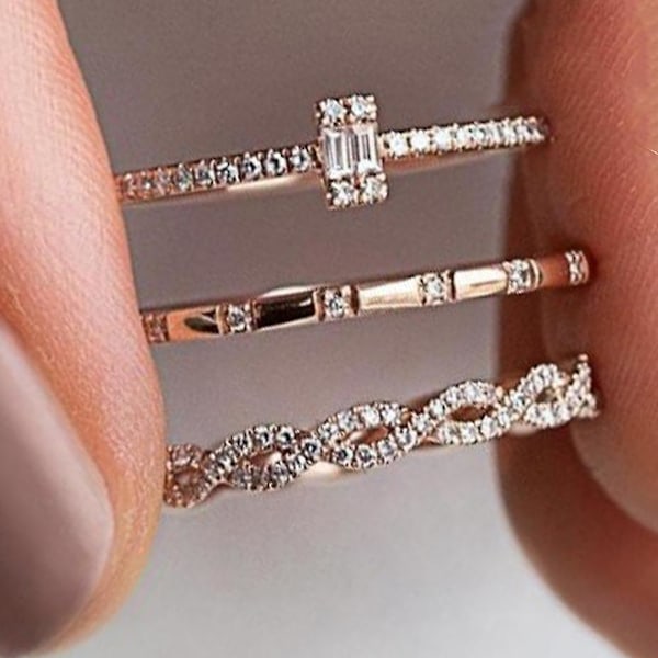 3 st/set Criss Cross Cubic Zirconia Inlagd Staplingsring Bröllop Brud Smycken US 8