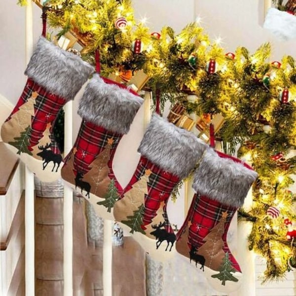 Pakke 18" plaid plys snefnug plaid julestrømper (pakke med 4)