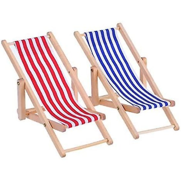 2 Pieces 1:12 Miniature Wooden Foldable Beach Chair Sun Lounger Mini Furniture Accessories With Red/blue Stripe For Indoor Outdoor