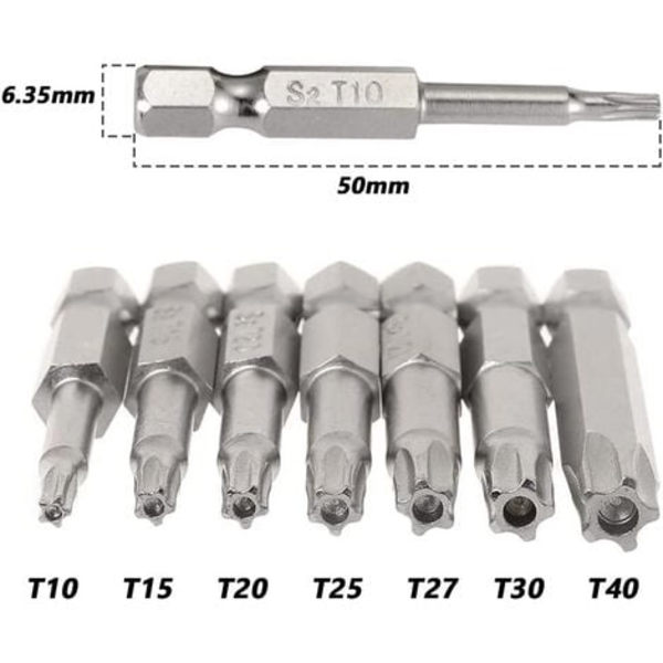 1 Set 7 st Hexskaft Stjärnformade Magnetiska Skruvmejselbitar 6,35 mm Bitsats, S2 Stål T10-T40 Skruvmejselbitar 50 mm med Li