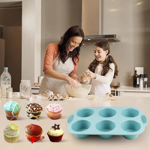 Sæt med 3 silikone muffinforme (grå, pink, påfugleblå) - Form til cupcakes, brownies og kager