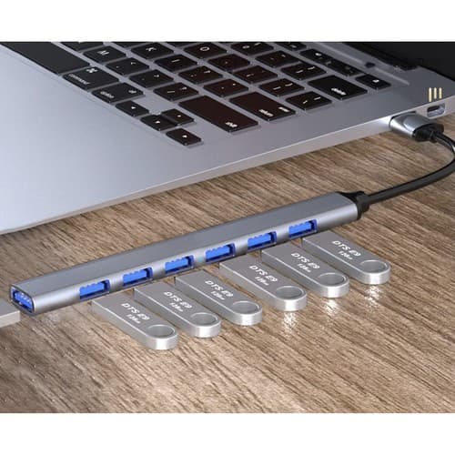 USB Hub 7 porter | USB A til 1x USB 3.2 og 6x USB 2.0 grå