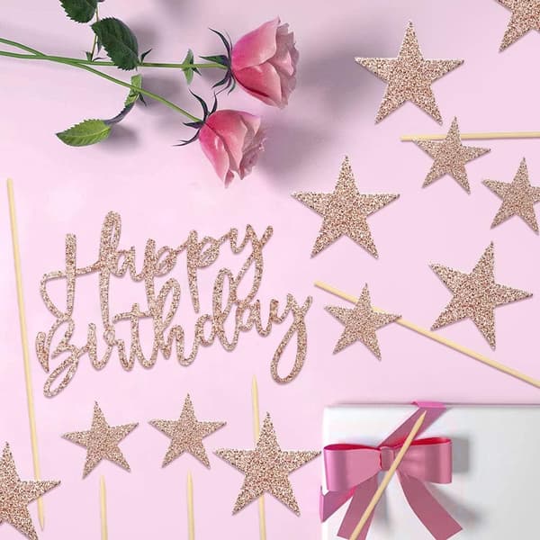 Happy (Rosegull) Bursdagskake Topper, 2 Sett Kake Topper