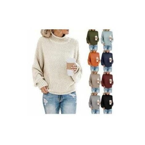 Stickad Tröja för Kvinnor, Elegant Vinter, Hög Hals, Pullover, Grov Stickning, Casual, Lös, Långärmad -S
