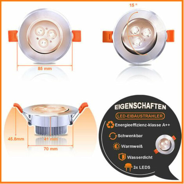 20X LED Spot Infälld spotlight Set Infälld spotlight för tak IP44 3W A++ 230 V Varmvit CE&ROHS med transformator