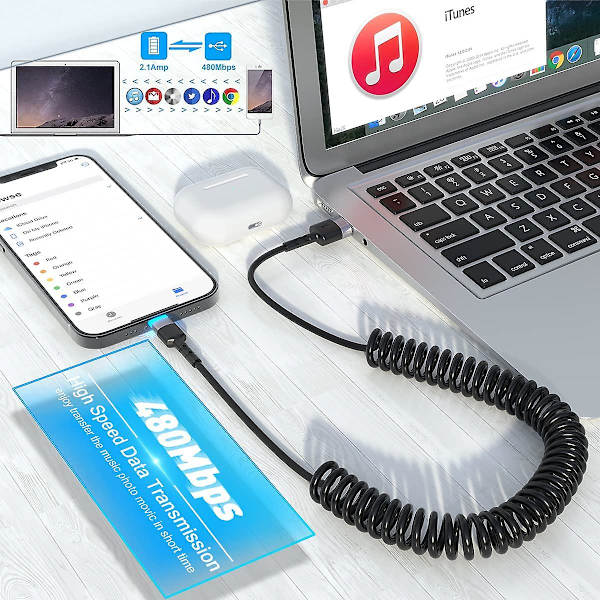 Spiralformad Lightning-kabel [MFi-certifierad & Carplay-kompatibel], USB till Lightning-kabel 6 fot Datakabel Kompatibel med Xs/xs Max/xr/x/12/11/11 Plus/8/7 Pl