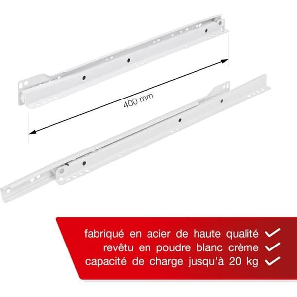 Ulisem 400 mm lådskenor - 2-pack (1 par) glidande lådskenor, vit, delvis utdragbart system - enkel montering av glidande lådsats