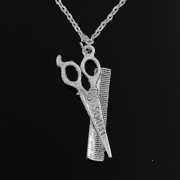 Ny Trendig Frisör Sax Kam Stylist Hänge Rund Korskedja Kort Lång Herr Dam Silverfärgad Halsband Smycke Present