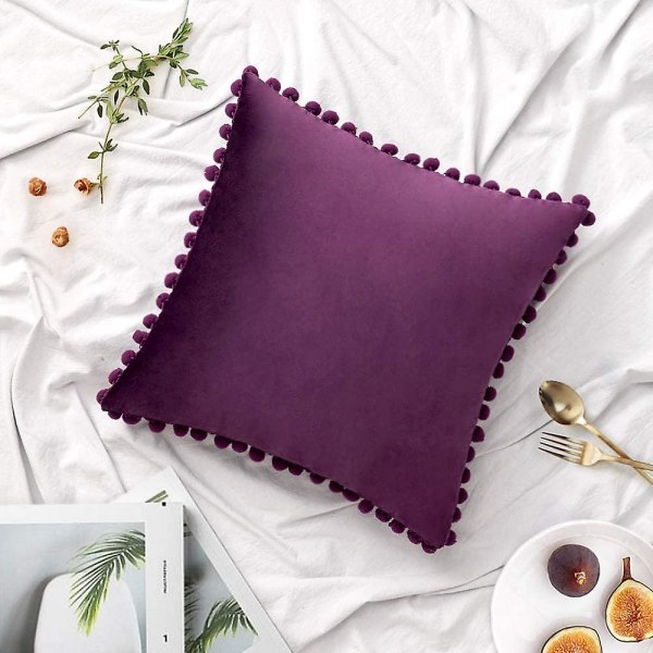 Sæt af 2 Fløjls Pudebetræk Dekorative Pudebetræk Pompom Pompom Pude Puder Bløde og Solide med Kvadratiske Pompoms til Sofa Soveværelse Sofa 45x45cm 18 x18 Purple