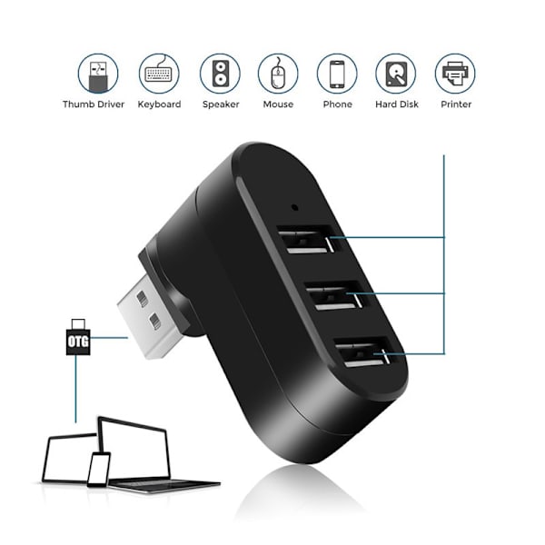 USB Hub, 90°/180° Roterbar USB Adapter, 3 Port USB Data Hub,