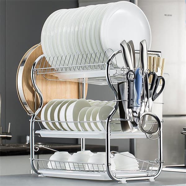 Tallerkenhylde med 3 niveauer pladsbesparende rustfrit stål bakke option 1 til køkkenrum