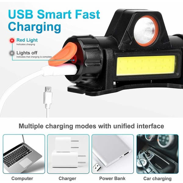 Pakke med USB oppladbar hodelykt med IPX4 vanntett for løping, camping, fiske