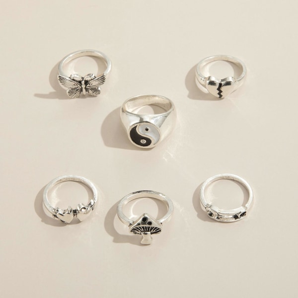 6 stk./sæt Fashion Ring Retro Stablebar Legering Sommerfugl Design Finger Ring Smykker Tilbehør