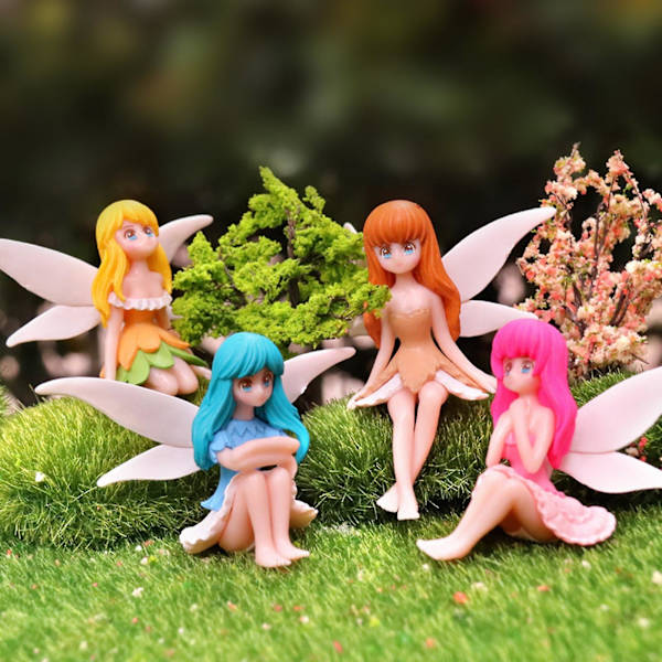 4-pack Blomsterfe Statyer Cartoon Hög Simulation Realistisk Flygande Ving Tredimensionell Dekorativ Harts Blomsterfe Miniatyrer Mikrolandskap