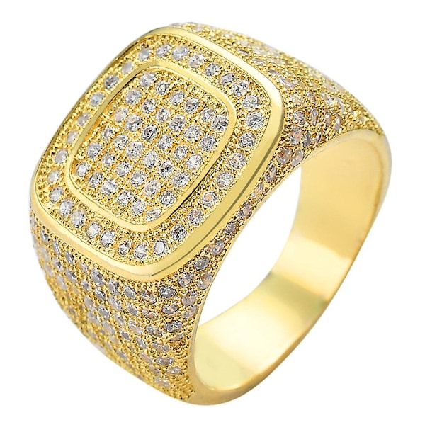 Förgyllda & Silverfärgade Isade Blingringar för Män Full CZ Charm Trendig Kvadratisk Koppar Zirkonring Hip Hop Smycken Storlek 7-12 Gold