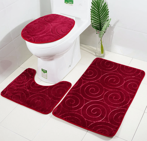 Flonel gulvmåtte, toiletsæde, toiletmåtte, badeværelsesmåtte, tre dele, A02,
