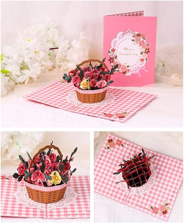 3D Pop Up-kort Roskorg Blommor, Födelsedagskort för