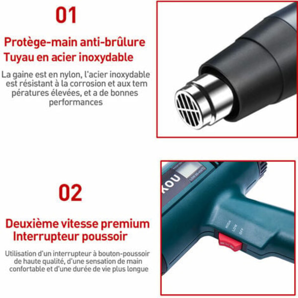 Varmepistol, varmluftpistol 1800W LCD digitalt display temperatur 60 til 600 grader Celsius hurtig opvarmning, luftstrøm 300 til 550L