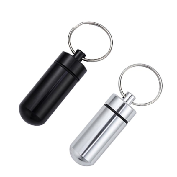 2 Pcs Mini Pill Cases With Key Ring Aluminum Alloy Pocket Pill Boxes Keychain Waterproof Pill Container Medicine Holder (black And Silver)