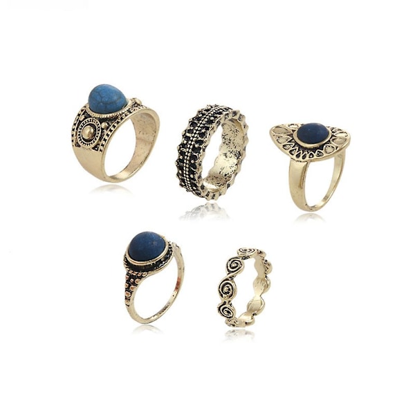 5 stk./sæt Bohemian Vintage Blå Sten Legering Fingerring Kvinder Charmerende Smykker Antique Golden
