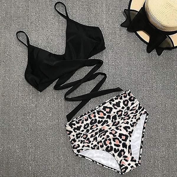 Kvinnors blommiga bikiniset med hög midja, baddräkt, sommar, sexig badkläder, strandkläder Black M