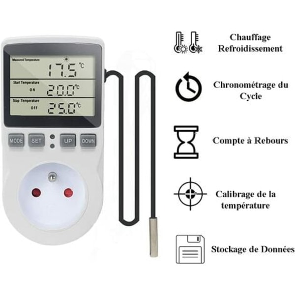 220V Digital Temperaturregulator Termostatuttag Uppvärmning Kylning med Sonda, LCD Temperaturregulatoruttag för