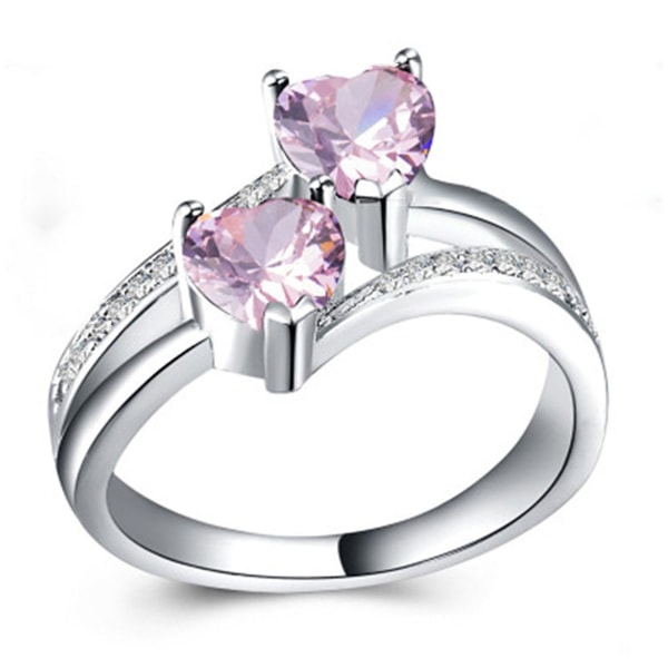 Kvinnor Ring Dubbelt Hjärta Glittrande Cubic Zirconia Mode Utseende Fingerband för fest Pink US 8