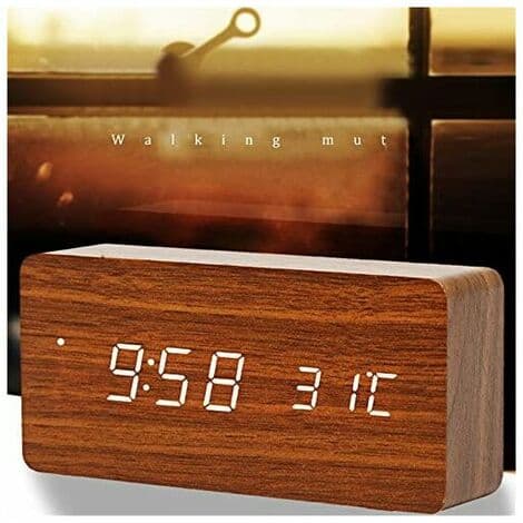 Modern Träväckarklocka - LED Digital Träväckarklocka Skrivbordsdatum Temperatur Luftfuktighet Display 12/24 Timmar - för Hem