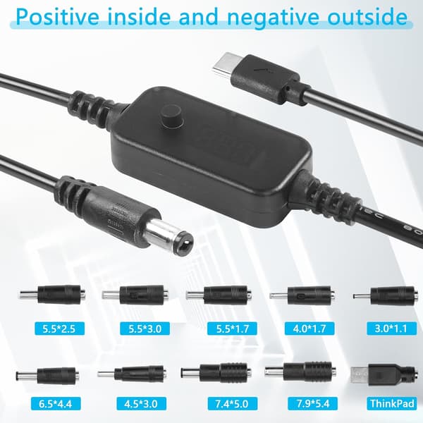 1m USB C - DC PD -sovitinkaapeli 10 liitäntäkärjellä, säädettävä jännite 5V-9V-12V-15V-20V