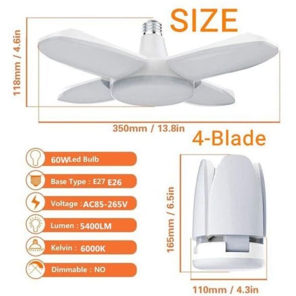 LED Garageloft, E27 6000K Naturlys 60W Sammenfoldelig Arbejdslampefod til Lade, Garage, Lager 85-265V Sasicare, til