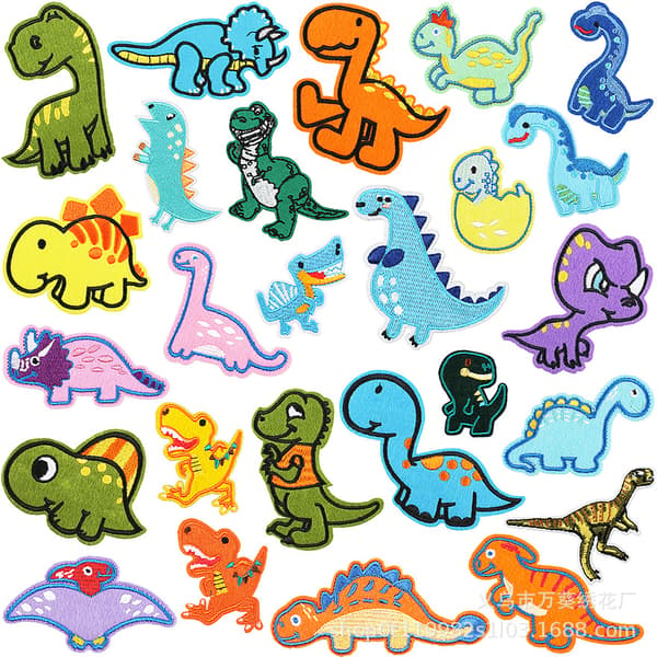 Set med 26 söta dinosaurieformade broderade strykmärken för