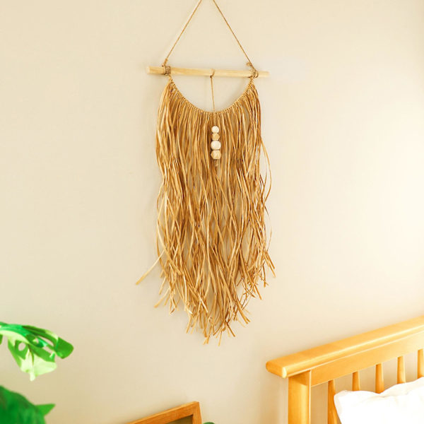 Käsityönä kudotut Raffia-koristeet, boheemi tyyli, seinäkoriste, olohuoneen sisustus, khaki