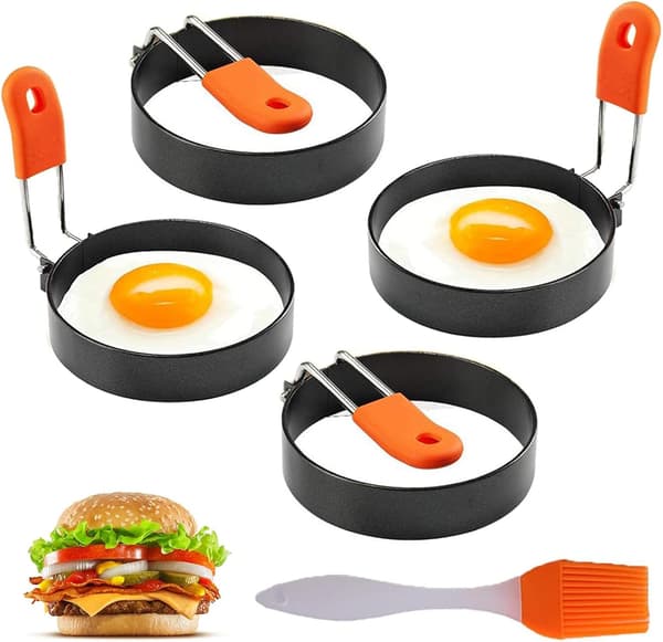 Äggformar i rostfritt stål, non-stick äggform för stekpanna, med vikbart silikonhandtag och oljeborste