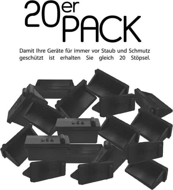 20x USB-A Støvplugg for Stasjonær PC, Svart Laptop, MacBook