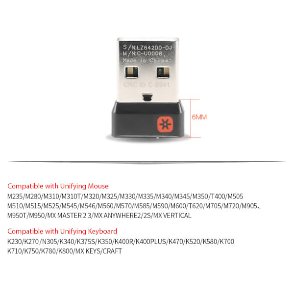 Langaton Dongle-vastaanotin Unifying USB-sovitin Logitech PC M:lle, musta, 6 kanavaa