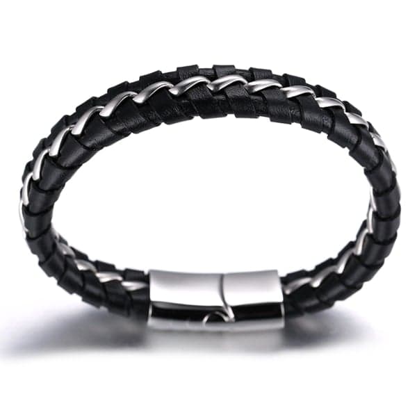 Ægte læderarmbånd til drenge, sort. Titanium sølvkæde.