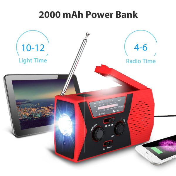 Solväderradio, handvev självförsörjande FM/AM-radiobordslampa för nödläge LED-ficklampa med 2000mAh uppladdningsbart batteri och karbinhake för hemmet