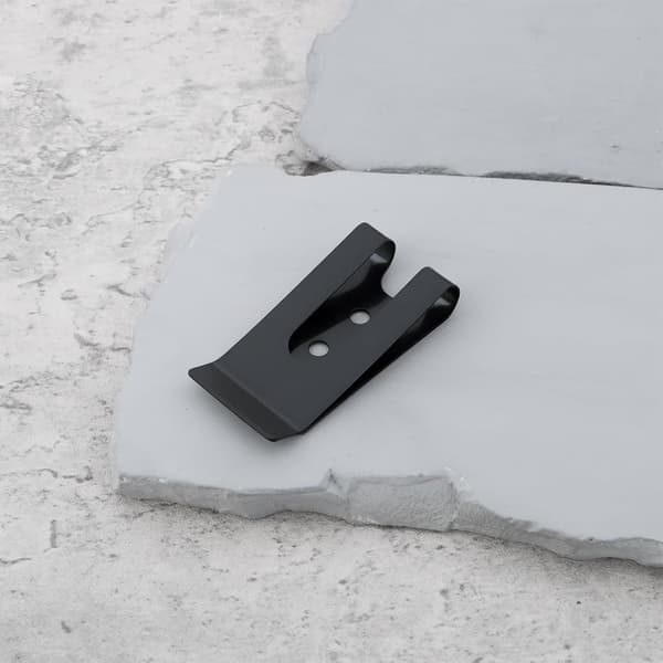 Fem sorte metalbælteclips, der måler 53x25 mm, velegnet til punge, lommer og bælter.
