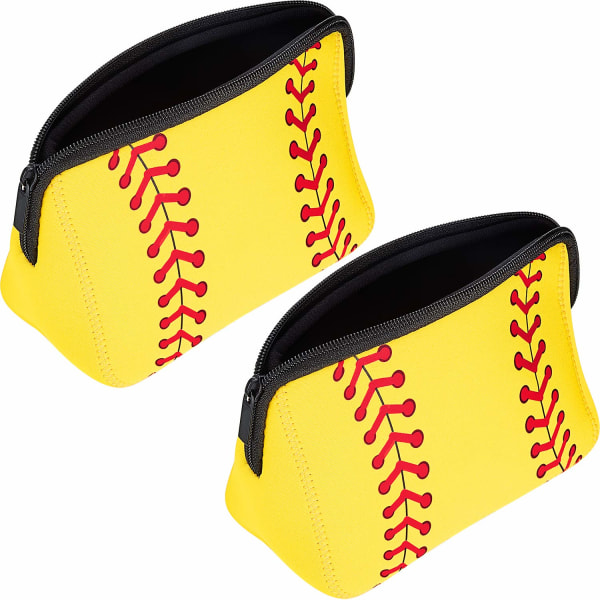 2 stycken sminkväska med print Softball Resekosmetikväska Vattentät neoprenväska med dragkedja för kvinnor, flickor, resor, Teamates (gul)