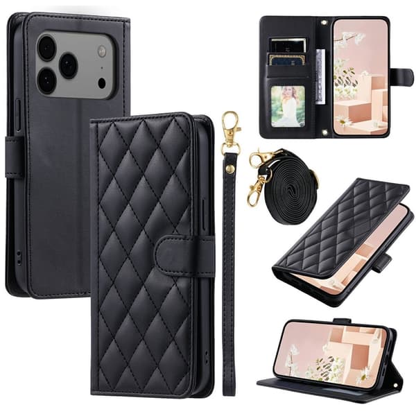 iPhone 17 Pro Max Quilted Skulderrem Pung Etui - Sort Sort