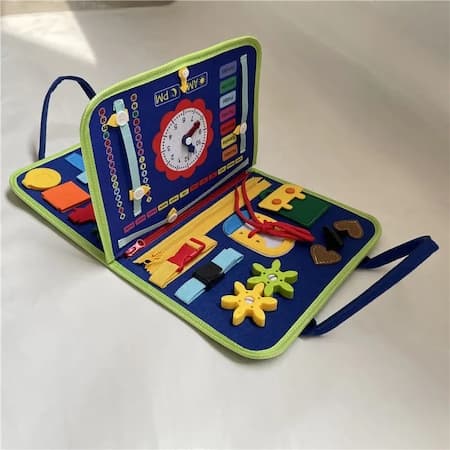 Sensorisk interaktiv leksak, Busy board textil, Montessori, Bokväska, För resor, blå