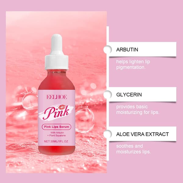 Pink læbeplejeessens til daglig fugt, reducerer tørre læber, mindsker læbelinjer og efterlader læberne hydrerede og glansfulde.